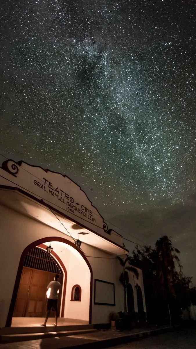 The Milky Way over the entrance of the cinema in Todos Santos