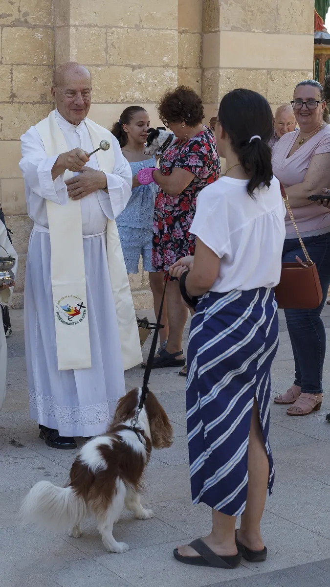 Sacerdote bendiciendo perros con sus dueños en la fiesta de San Antonio Abad