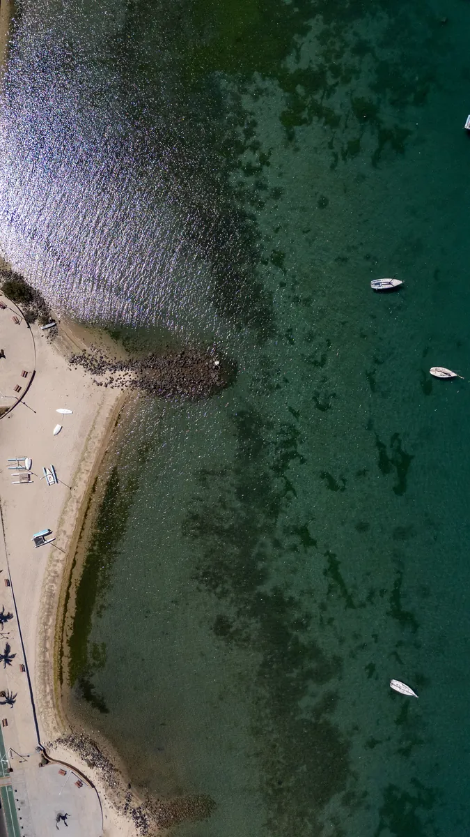 Vista aérea de la costa del malecón de La Paz con pequeñas embarcaciones sobre agua verde