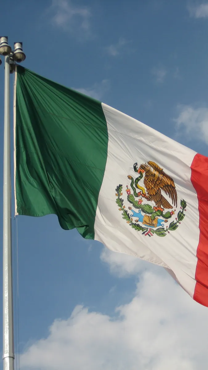 The flag of Mexico waving against a blue sky