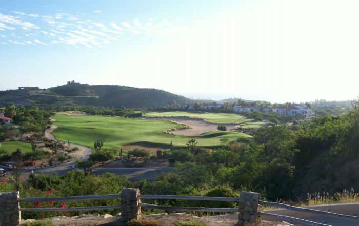 Golf course fairway with desert cactus and ocean view in Los Cabos (Palmilla)