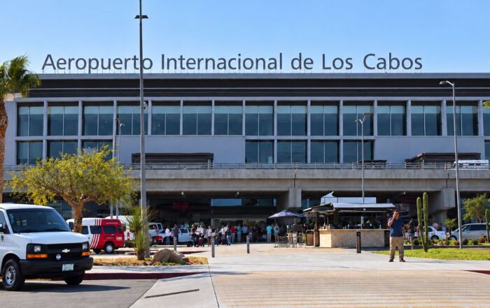 Main entrance of Los Cabos International Airport (SJD) in San José del Cabo, with the Aeropuerto Internacional de Los Cabos sign