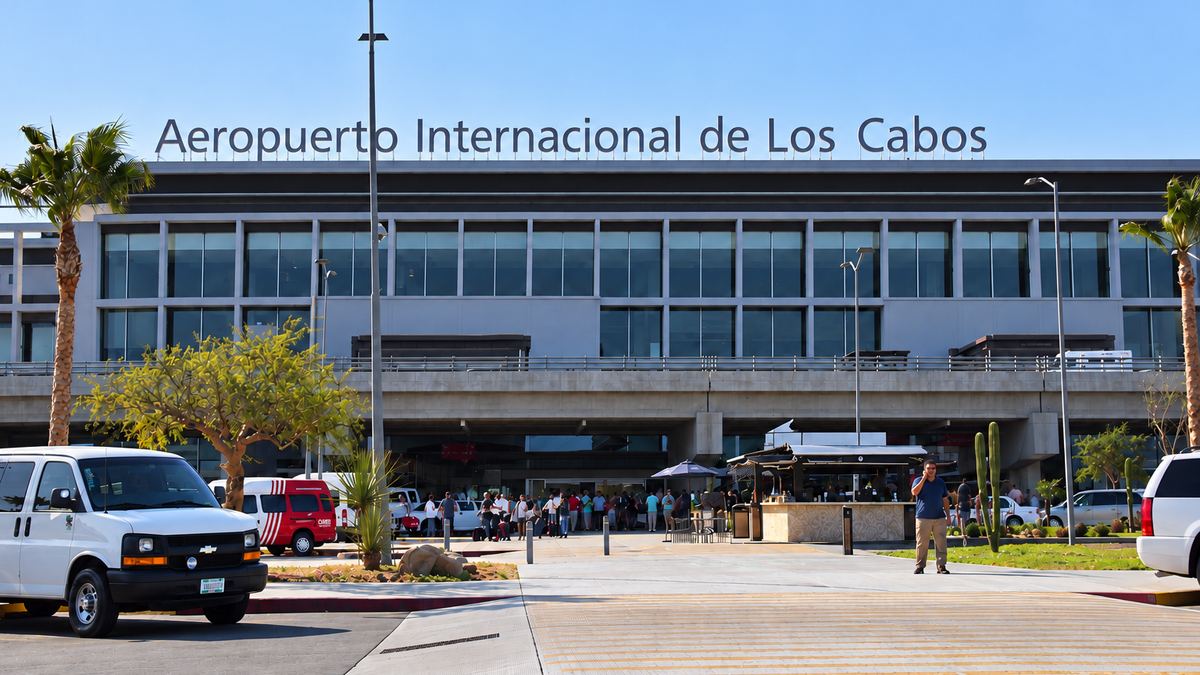 Los Cabos International Airport (SJD) main entrance with sign