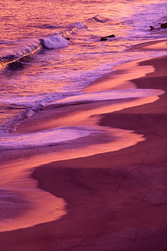Sunset colors on the waves washing up Playa Solmar, on the Pacific side of Cabo San Lucas
